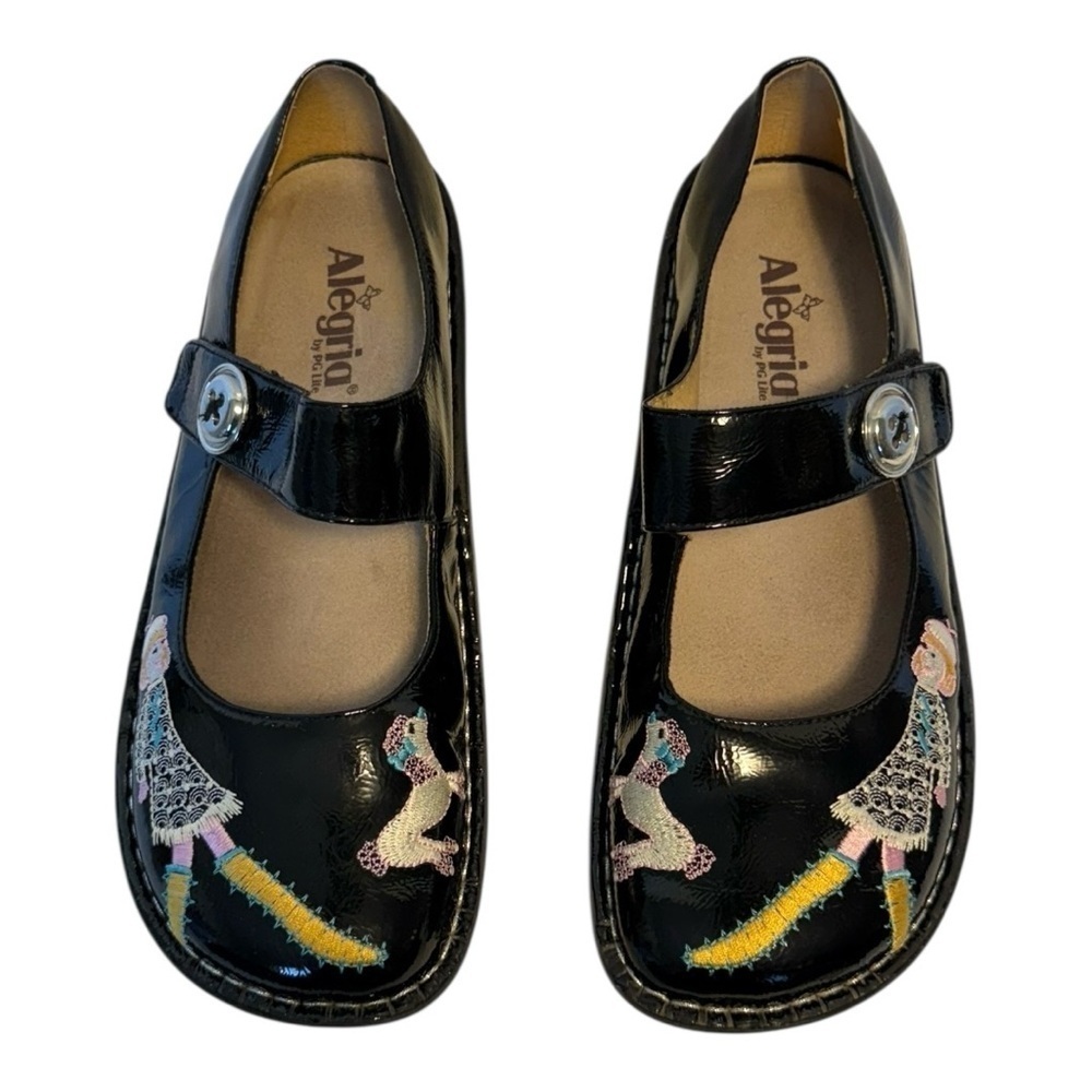 Alegria Black Patent Leather Embroidered Poodle Mary Jane Comfort Nurse Shoes 41